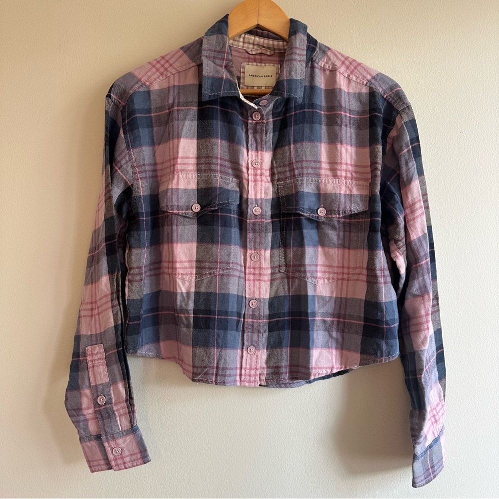 NWT, American Eagle Outfitters, Plaid Crop Button-down Shirt, Pink & Blue, Small